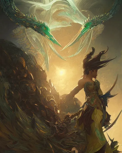 Image similar to Fantasy emerald knight, moonlit, HD, illustration, epic, fantasy, intricate, elegant, highly detailed, digital painting, artstation, concept art, smooth, sharp focus, illustration, art by artgerm and greg rutkowski and alphonse mucha, monster hunter illustrations art book