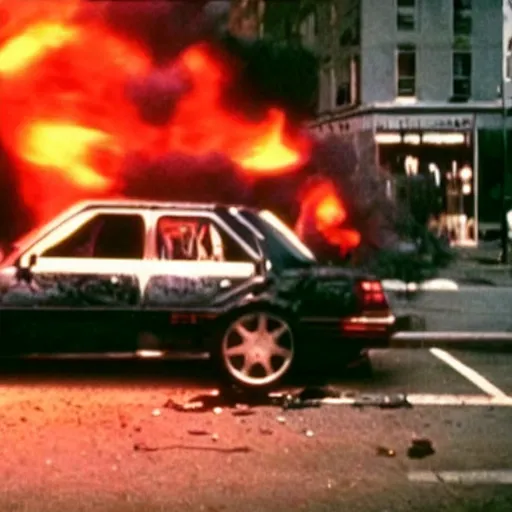 Image similar to film still, explosion of a 1980 car, in American Psycho