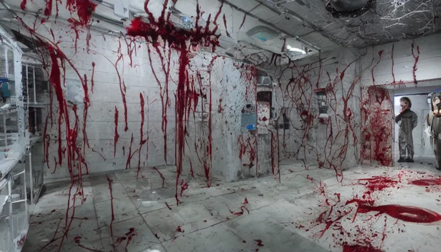 Prompt: Big budget horror movie set in an undersea biolab, the walls are splattered with blood