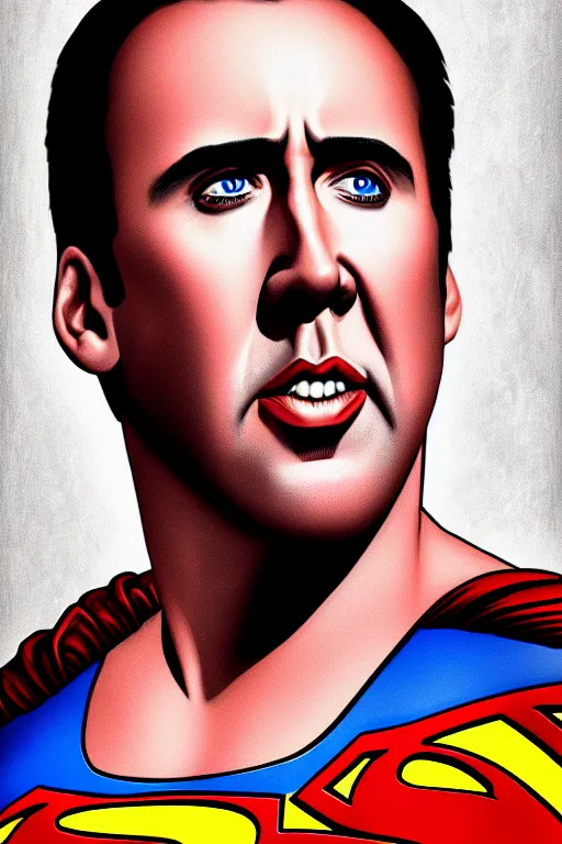 Prompt: portrait of nicolas cage as superman looking away from the camera, intricate, extremely detailed digital painting by mark brooks, artstation