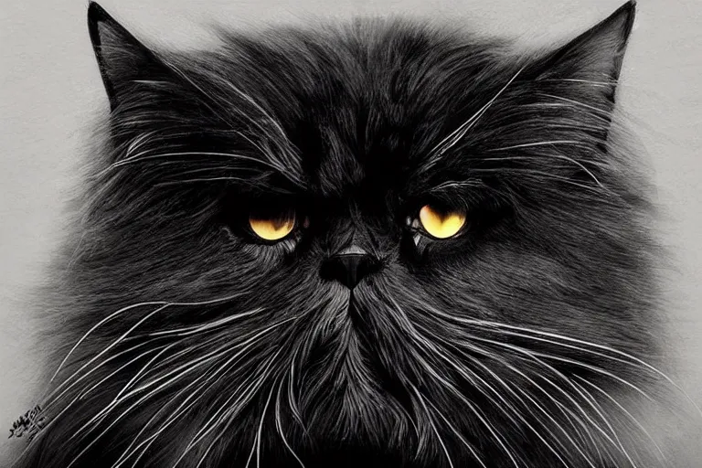 Image similar to “ a extremely detailed stunning portraits of s black persian cat cyborg contemptuously at people by allen william on artstation ”