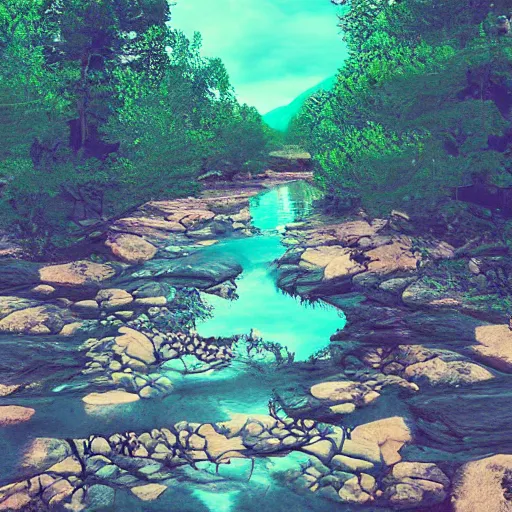 Prompt: a beautiful landscape, river, rocks, trees, by greg rutkowsi, glitch, glitchy