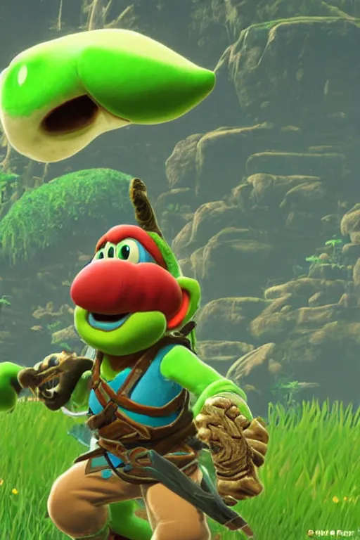 Image similar to an in game portrait of yoshi from the legend of zelda breath of the wild, breath of the wild art style.