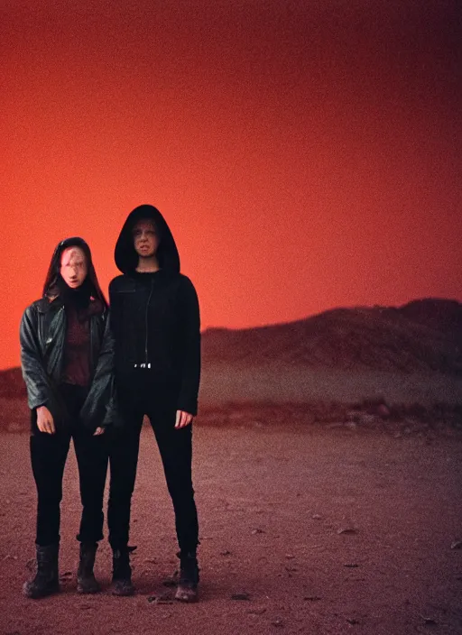 Image similar to cinestill 5 0 d photographic portrait of two loving female androids wearing rugged black techwear on a desolate plain with a red sky, extreme closeup, lizard on ground, cyberpunk style, in front of a brutalist dark metal facility, dust storm, 3 5 mm, 8 k, f / 3 2, high resolution, ultra realistic faces