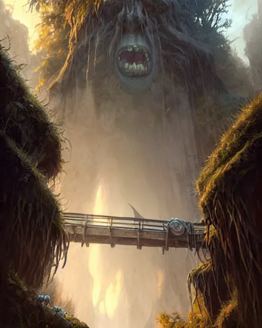 Image similar to giant monstrous troll under a tiny bridge | | terrifying, realistic shaded, fine details, realistic shaded lighting poster by greg rutkowski, diego gisbert llorens, magali villeneuve, artgerm, jeremy lipkin and rob rey