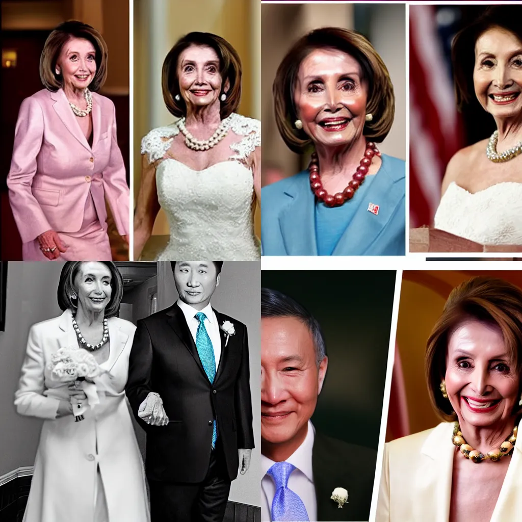 Prompt: Photoshopped wedding picture of Nancy Pelosi and Hu Xijin