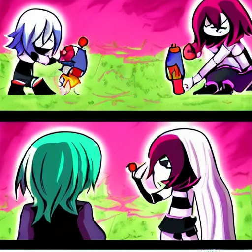 Prompt: Deltarune Kris vs Susie fight fanart trending on e926