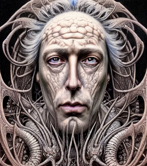 Image similar to detailed realistic rick sanchez face portrait by jean delville, gustave dore, iris van herpen and marco mazzoni, art forms of nature by ernst haeckel, art nouveau, symbolist, visionary, gothic, neo - gothic, pre - raphaelite, fractal lace, intricate alien botanicals, ai biodiversity, surreality, hyperdetailed ultrasharp octane render