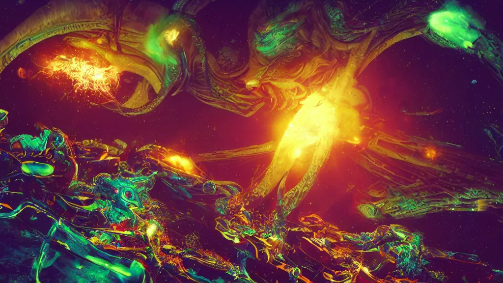 Prompt: An epic beautiful 3D render of an ancient terrifying Cthulhu in space, consuming and eating and destroying a futuristic colorful spacestation. Bright explosions. By Ken Fairclough and Dylan Cole, trending on artstation, award winning. Cinematic, film screenshot directed by Christopher Nolan and Denis Villeneuve. PBR, path tracing, octane render, highly detailed.