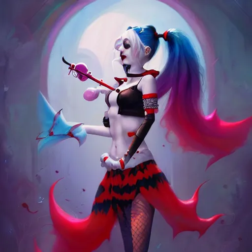 Image similar to harley quinn as an adorable vampire fairy, 8 k resolution matte fantasy painting, cinematic lighting, deviantart artstation, by lisa frank, by peter mohrbacher, by alena aenami