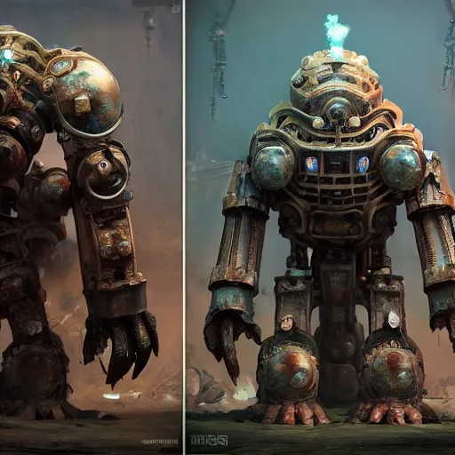 Prompt: a Steam powered mechanical golem, forward facing angle, studio background, concept art, character design, stunning 3d render , art by Tooth Wu and riot studios, 8k octane beautifully detailed render, post-processing, extremely hyperdetailed, intricate complexity, masterpiece, trending on artstation