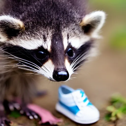 Image similar to a cute baby raccoon playing with a white sneaker shoe, strings undone, 5 0 mm f 1. 4, soft lighting