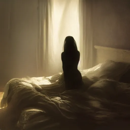 Image similar to shadow figure watching a person sleeping in bed at night, volumetric lighting, 8 k octane beautifully detailed render, post - processing, extremely hyper - detailed, intricate, epic composition, cinematic lighting, masterpiece, trending on artstation, detailed detailed detailed, masterpiece, stunning art by anders zorn, wonderful masterpiece by greg rutkowski, beautiful cinematic light,