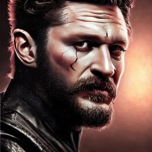 Prompt: Tom Hardy as wolverine in Black Damaged leather suit Digital art 4K quality Photorealism