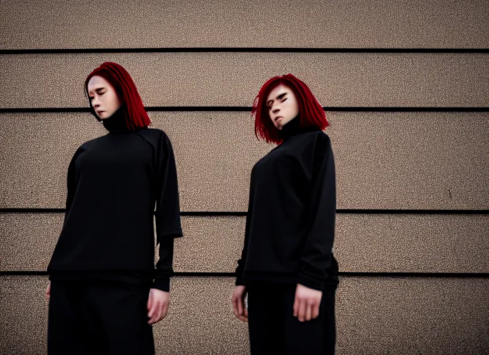 Image similar to closeup photographic portrait of 2 clones in front of a brutalist metal building, 2 techwear women, on a desolate plain, red sky, black oversized clothes, sigma 8 5 mm f / 1. 4, 4 k, depth of field, 8 k, high resolution, hd, full color
