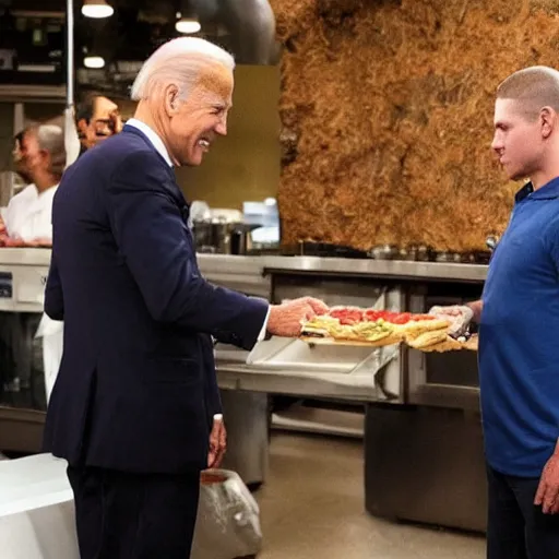 Prompt: joe biden giving a hamburger to walter white