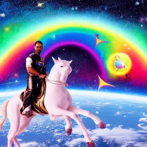 Prompt: will smith riding a unicorn in space, galaxy, space, rainbows