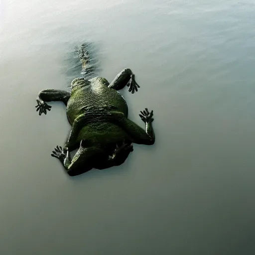 Image similar to semitranslucent smiling frog amphibian flying upside down over misty lake in Jesus Christ pose, cinematic shot by Andrei Tarkovsky, paranormal, spiritual, mystical
