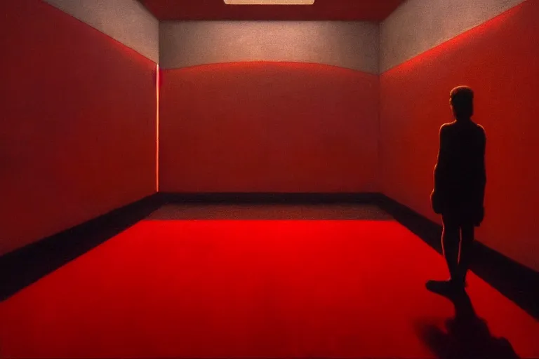 Image similar to only with red, netflix studios with workers, a big mickey mouse head in the middle of the room, in the style of beksinski, parts by edward hopper, parts by rodcenko, parts by yue minjun, intricate and epic composition, red by caravaggio, insanely quality, highly detailed, masterpiece, red light, artstation, 4 k