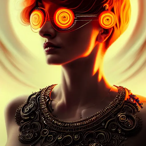 Prompt: woman with extremely large and intricate haircut with angry orange eyes and slim features looking askance, eye cyberpunk bionics, retro futurist style, intricate, elegant gleaming intricate baroque jewelry, angelic halo, highly detailed, digital painting, artstation, concept art, smooth, sharp focus, illustration, art by wlop, mars ravelo and greg rutkowski,