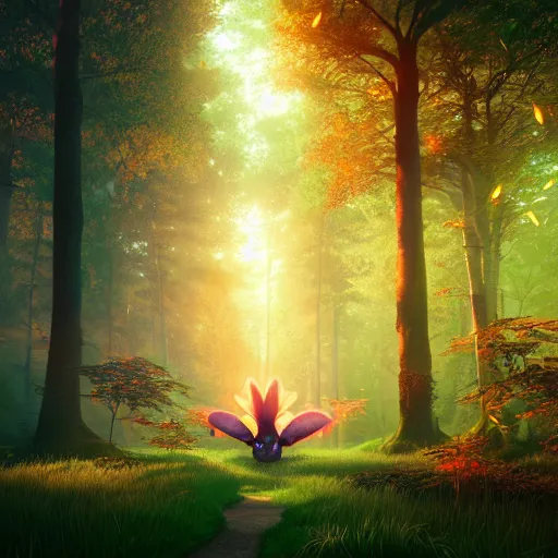 Prompt: beautiful digital fantasy illustration of a hyperrealistic demonic pokemon, nightmare pokemon, the trees of a flowery woodlands glistens as the morning sun touches its leaves with her gentle rays, and colors walk through the forest by alena aenami and arthur adams, octane render, detail texture, unreal engine, 8 k