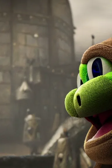 Image similar to very very intricate photorealistic photo of yoshi in an episode of game of thrones, photo is in focus with detailed atmospheric lighting, award - winning details