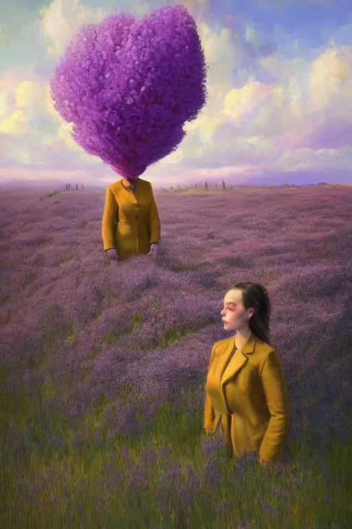 Prompt: portrait, giant lilac flower as head, black woman suit in heather field, surreal photography, golden hour, colorful clouds, impressionist painting, digital painting, artstation, simon stalenhag