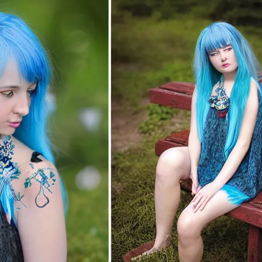 Image similar to dslr photo of a pretty young woman, full bodied portrait, with blue hair, sitting on a bench wearing a flower skirt, and body and wearing hemp sandals and a very detailed faerie necklace around neck, very high quality face, intricate details, extremely high quality, moody lighting, real camera, real photo 8 k, full subject in shot