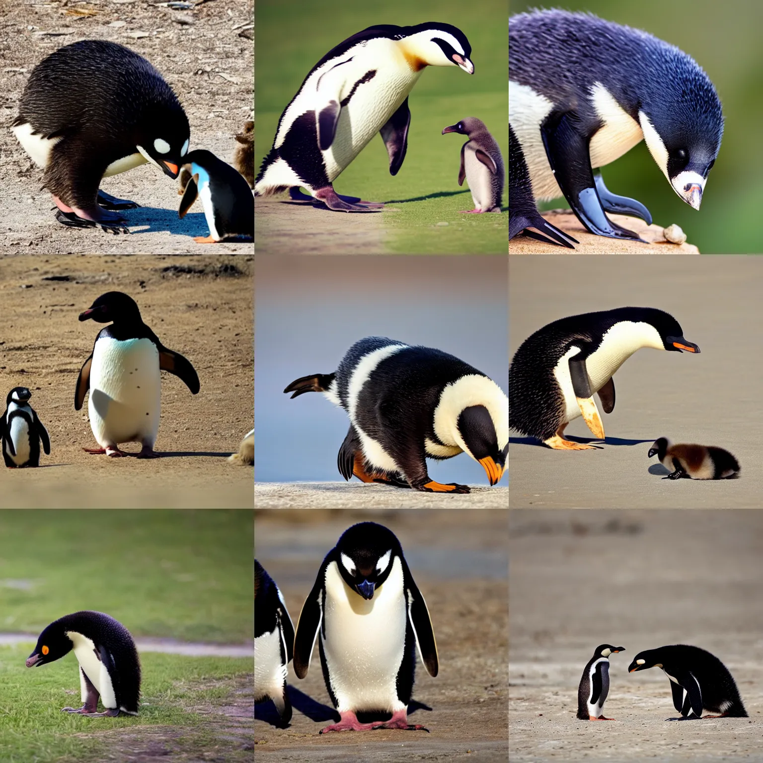 Prompt: one honey badger looking at penguin