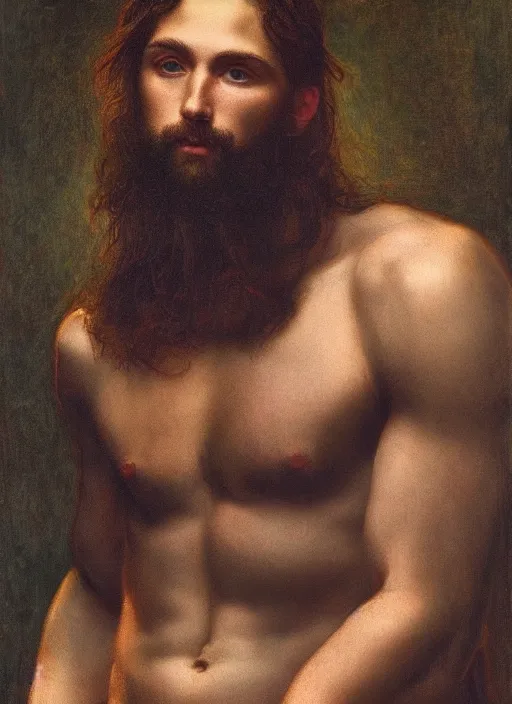 Prompt: Pre-Raphaelite young beautiful muscular brown-haired bearded muscular male, neon-light