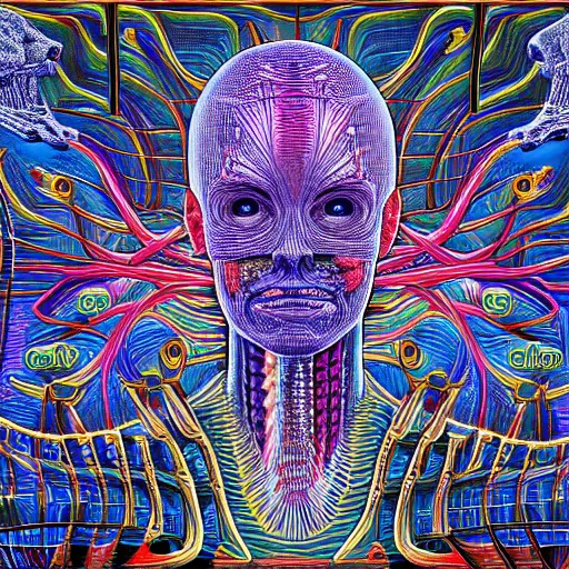 Prompt: the anatomy of a human/computer system by Alex Grey, highly detailed, aesthetic, 8K
