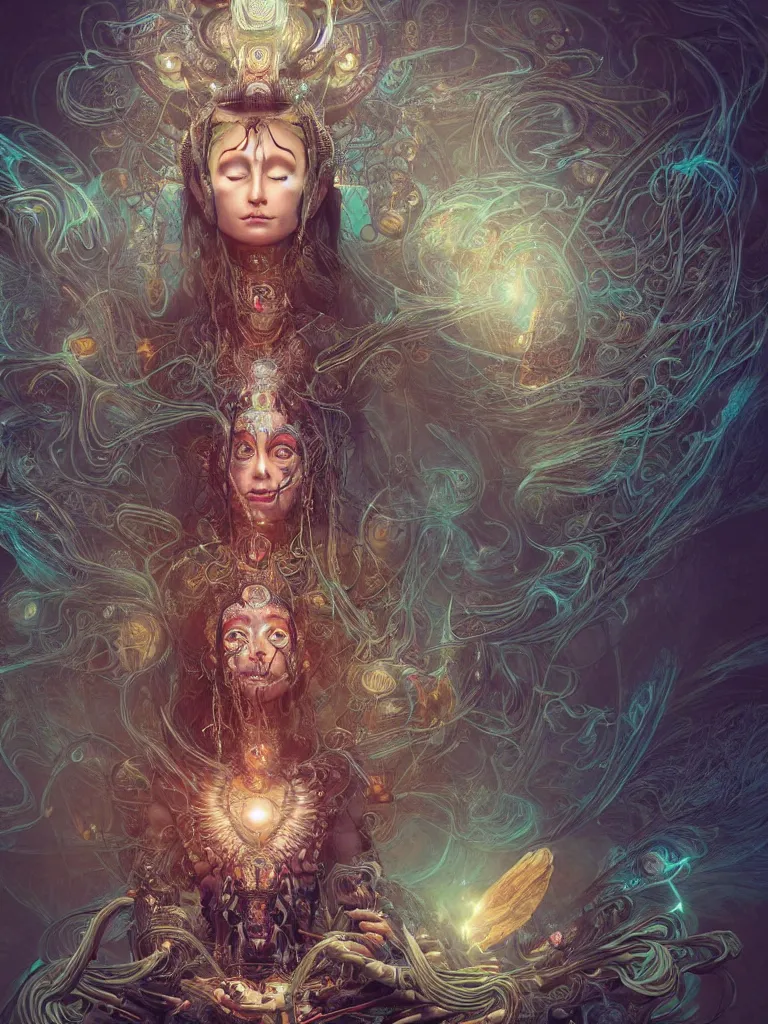 Image similar to an ancient mystical alluring female shaman generating flowing energy and surrounded by wisps of incense smoke sits meditating in a magical cybernetic robot temple, face face face, by android jones and vitaly bulgarov and karol bak, 3 d, cinema 4 d render, trending on artstation