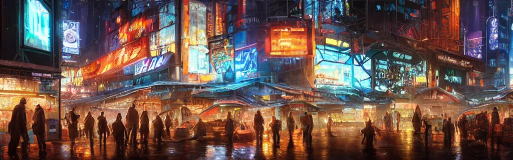 Prompt: a busy cyberpunk street marketplace with a heavy police presence. night, raining, 8 k, epic cinematic hyperrealism masterpiece. realistic poster with shaded lighting by craig mallismo, artgerm, jeremy lipkin and michael garmash, unreal engine, radiant light, detailed and complex environment, digital art, art station trends, detailed, lens flare, motion blur