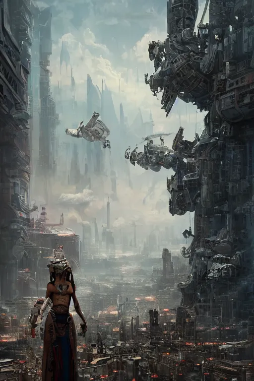 Prompt: a portrait of a small tribal women with sci-fi armour standing in the foreground of a mechanical city by Greg Rutkowski, Sung Choi, Mitchell Mohrhauser, Maciej Kuciara, Johnson Ting, Maxim Verehin, Peter Konig, final fantasy , mythical, 8k photorealistic, cinematic lighting, HD, high details, atmospheric,