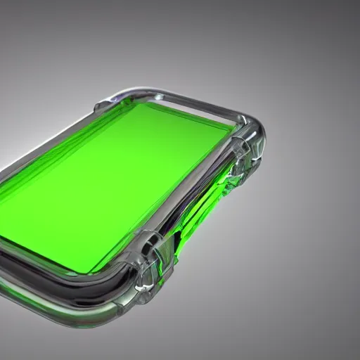 Image similar to an ultra high definition cycles render of a floating chunky green transparent plastic mobile phone at an angle with an e-ink screen inspired by a g-shock watch. Emissive screen and indicator lights, bloom