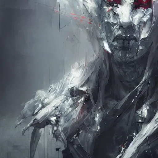 Image similar to a humanoid cyberpunk white dragon wearing a white mage robe by melmoth zdzislaw belsinki craig mullins yoji shinkawa realistic render ominous detailed photo atmospheric by jeremy mann francis bacon and agnes cecile ink drips paint smears digital glitches glitchart, realistic anime, dramatic lighting, red light, red highlights