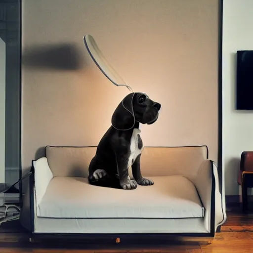 Image similar to a large lamp, shaped as a 3d beagle puppy head, placed in a large living room, art designers magazine HD photo superrealism 3d 8k resolution