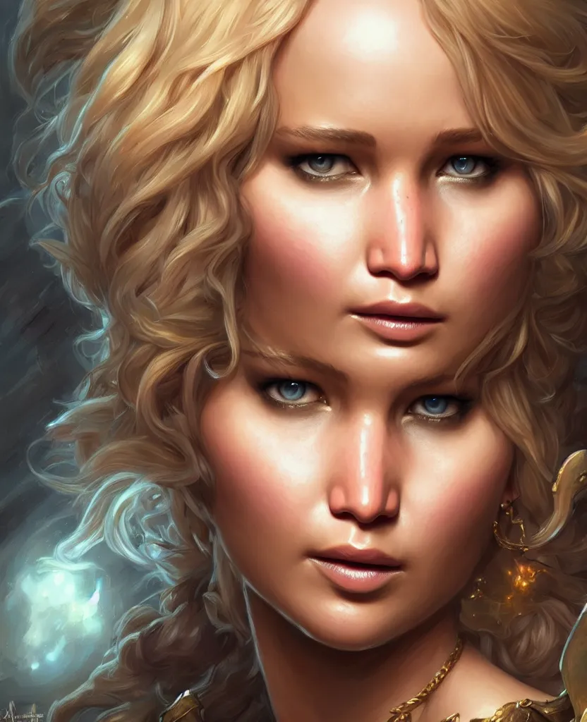 Image similar to Jennifer Lawrence, closeup, D&D, fantasy, intricate, elegant, highly detailed, digital painting, artstation, concept art, matte, sharp focus, illustration, hearthstone, art by Artgerm and Greg Rutkowski and Alphonse Mucha