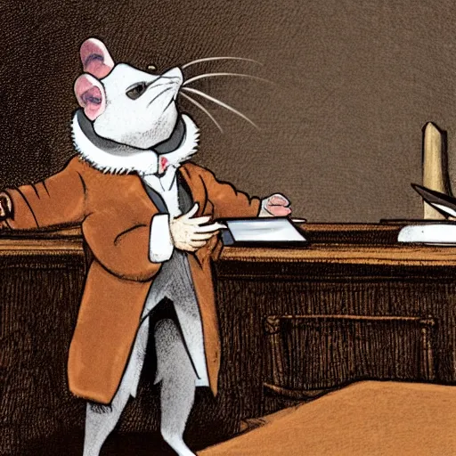 Image similar to templeton the rat as an 1800s barrister arguing his case in a stuffy courtroom