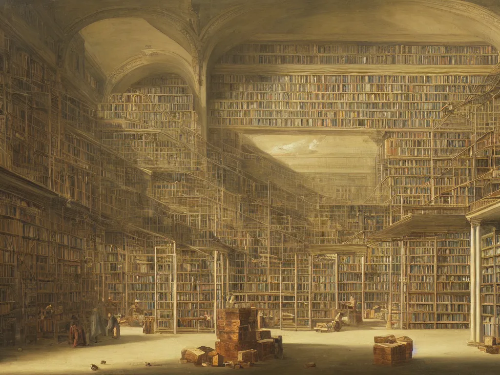 Prompt: a neoclassical painting of a warehouse with huge shelves in which stacks of paper are stored, classicism, oil painting