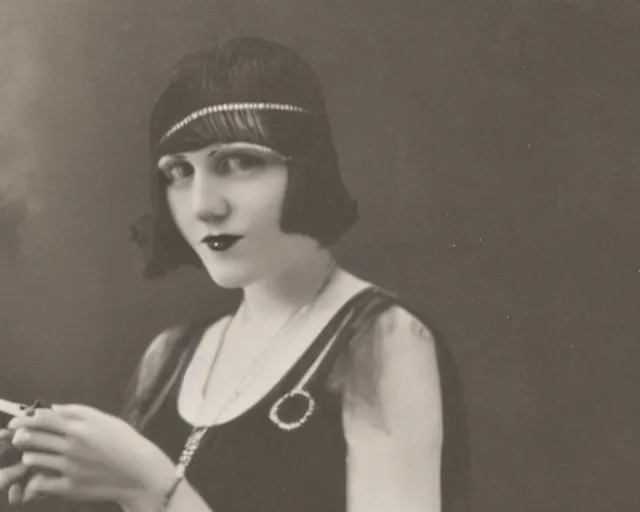 Prompt: 1 9 2 0 s photo of a flapper girl smoking a juul ecig