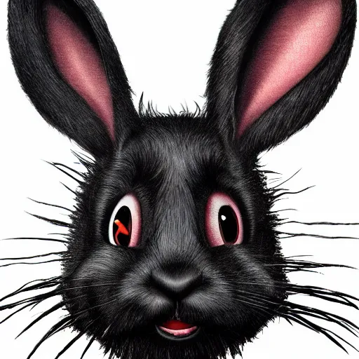 Image similar to A extremely highly detailed majestic hi-res beautiful, highly detailed head and shoulders portrait of a scary terrifying, horrifying, creepy black cartoon rabbit with scary big eyes, earing a shirt laughing, hey buddy, let's be friends, in the style of Walt Disney animation