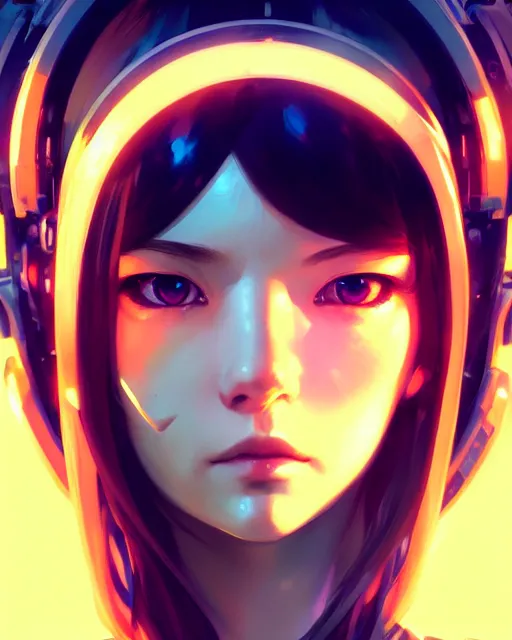 Image similar to a comic potrait of a cyberpunk cyborg girl with big and cute eyes, fine - face, realistic shaded perfect face, fine details. night setting. very anime style. realistic shaded lighting poster by ilya kuvshinov katsuhiro, artgerm, jeremy lipkin and michael garmash, unreal engine, radiant light, detailed and intricate environment