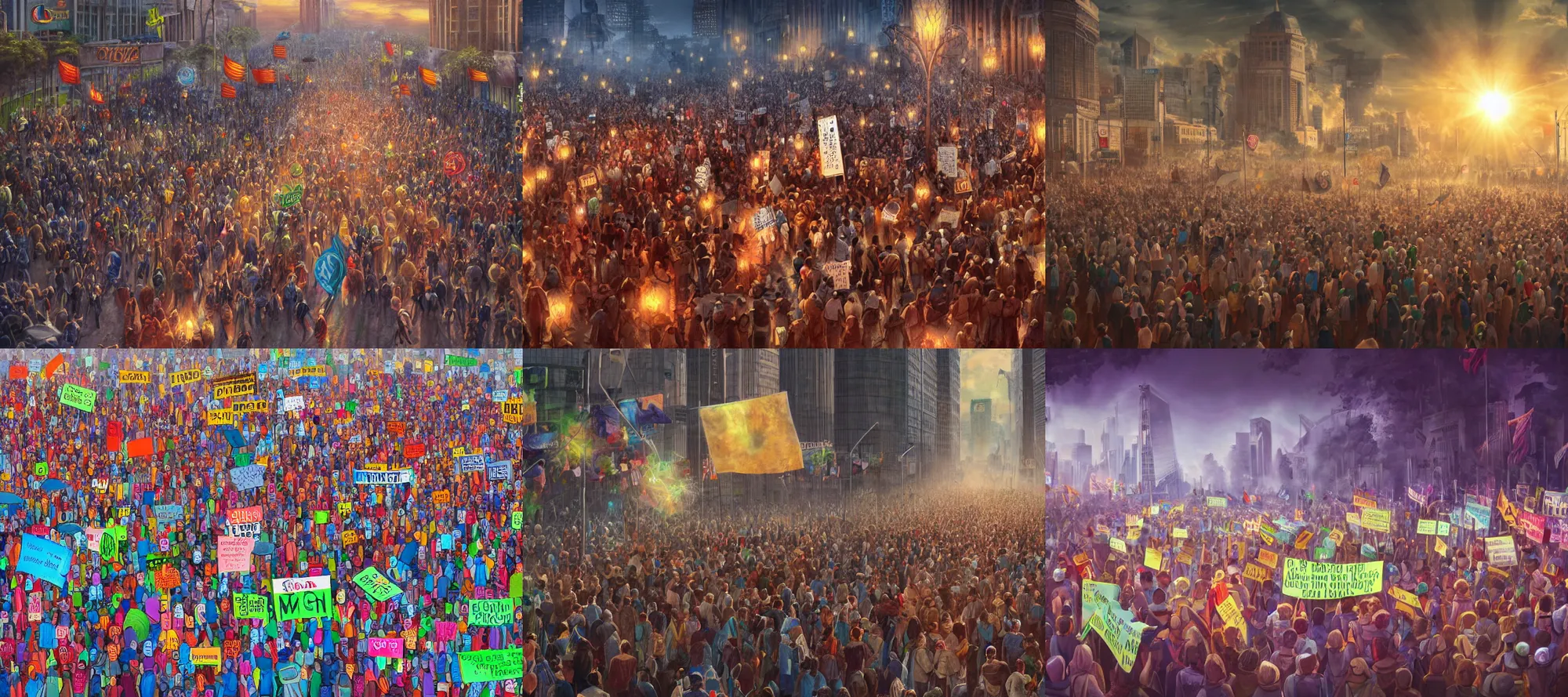 Prompt: everybody in the world collected for a protest march, carrying banners, soft lighting, trending on art station fantasy art, global illumination, radiant light, detailed and intricate environment