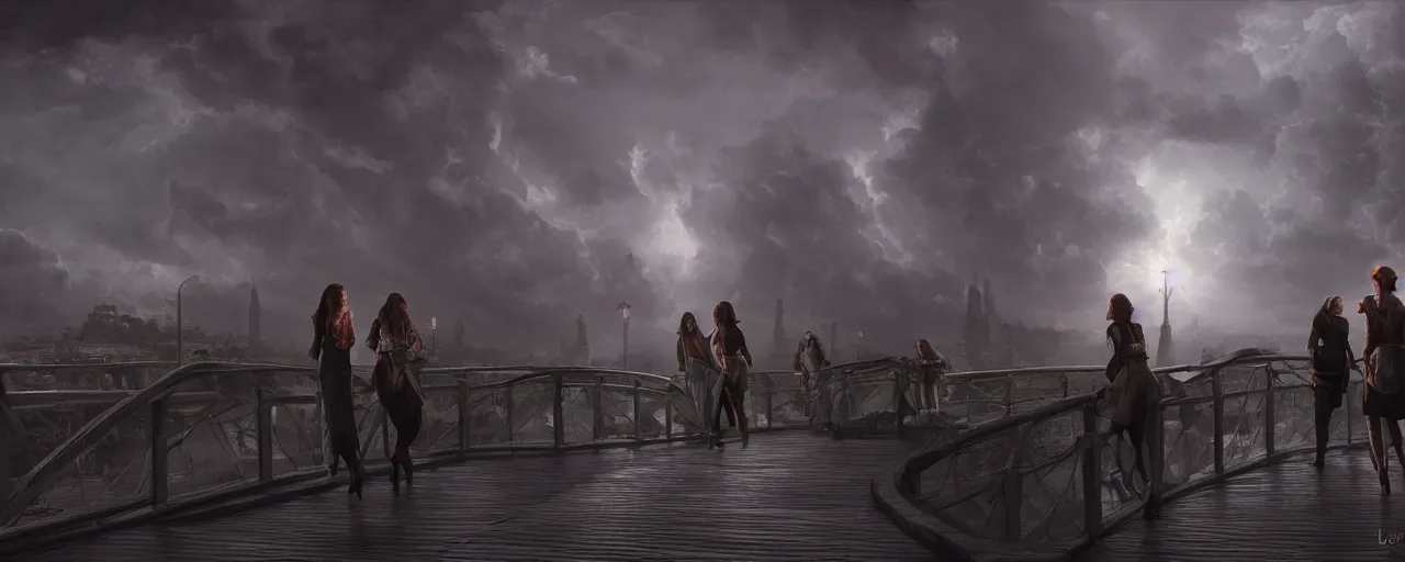 Prompt: Yong women standing on the bridge in stormy night, beautiful dynamic lighting, cinematic, wide angle establishing shot, extremely high detail, photo realistic, cinematic lighting, post processed, concept art, artstation, matte painting, style by frederic church, raphael lacoste, unreal engine 8k