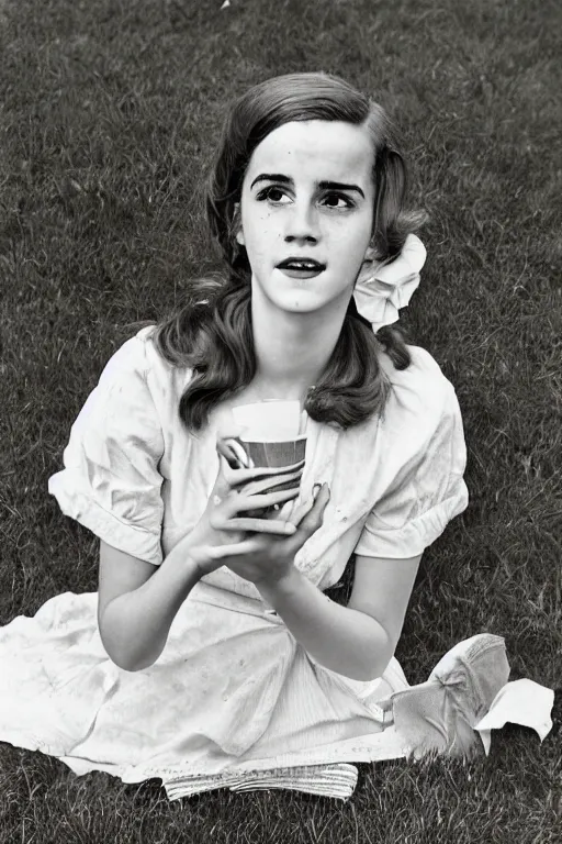 Image similar to photo photorealistic portrait photograph Emma Watson picnic in the green lawn 1950s portrait by Norman Rockwell