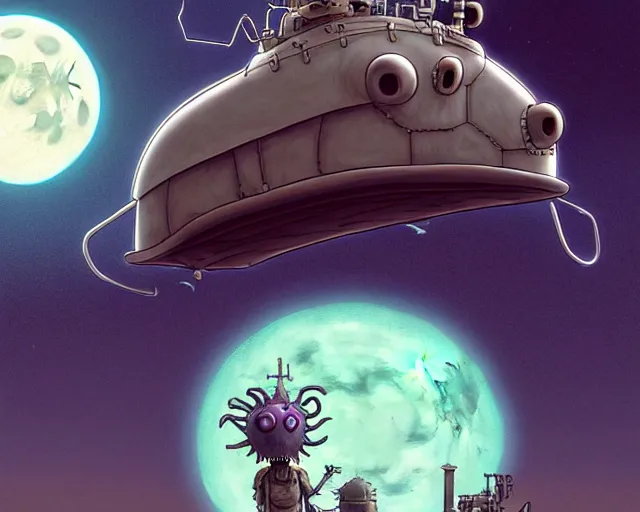 Prompt: a cell shaded cartoon grey lovecraftian mechanized demon from howl's moving castle ( 2 0 0 4 ), with a big head, on a desert road, wide shot, in front of a big moon, muted colors, post grunge, josan gonzales, wlop, by james jean, victor ngai, hq, deviantart, art by artgem