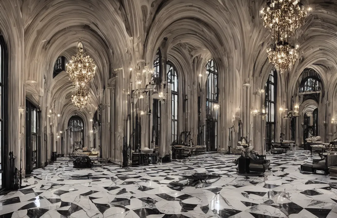 Prompt: photo of cold steel sci fi art-deco imperial palace interior, black marble floors and soft ceruleum chandelier, floor to ceiling arched gothic windows, dramatic lighting