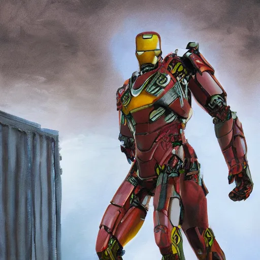 Prompt: Photorealistic oil painting of a scrap built Iron Man suit flying in a Post Apocalyptic world