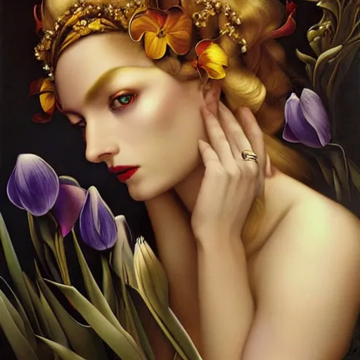 Prompt: dynamic composition, blonde woman with hair of irises and spring flowers wearing ornate earrings, ornate gilded details, a surrealist painting by tom bagshaw and jacek yerga and tamara de lempicka and jesse king, wiccan, pre - raphaelite, featured on cgsociety, pop surrealism, surrealist, dramatic lighting